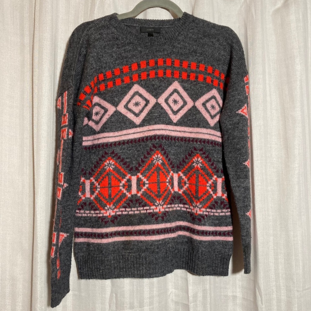 J.Crew Womens Gray Fair Isle Wool Mohair Blend Geometric Crewneck Sweater Size S